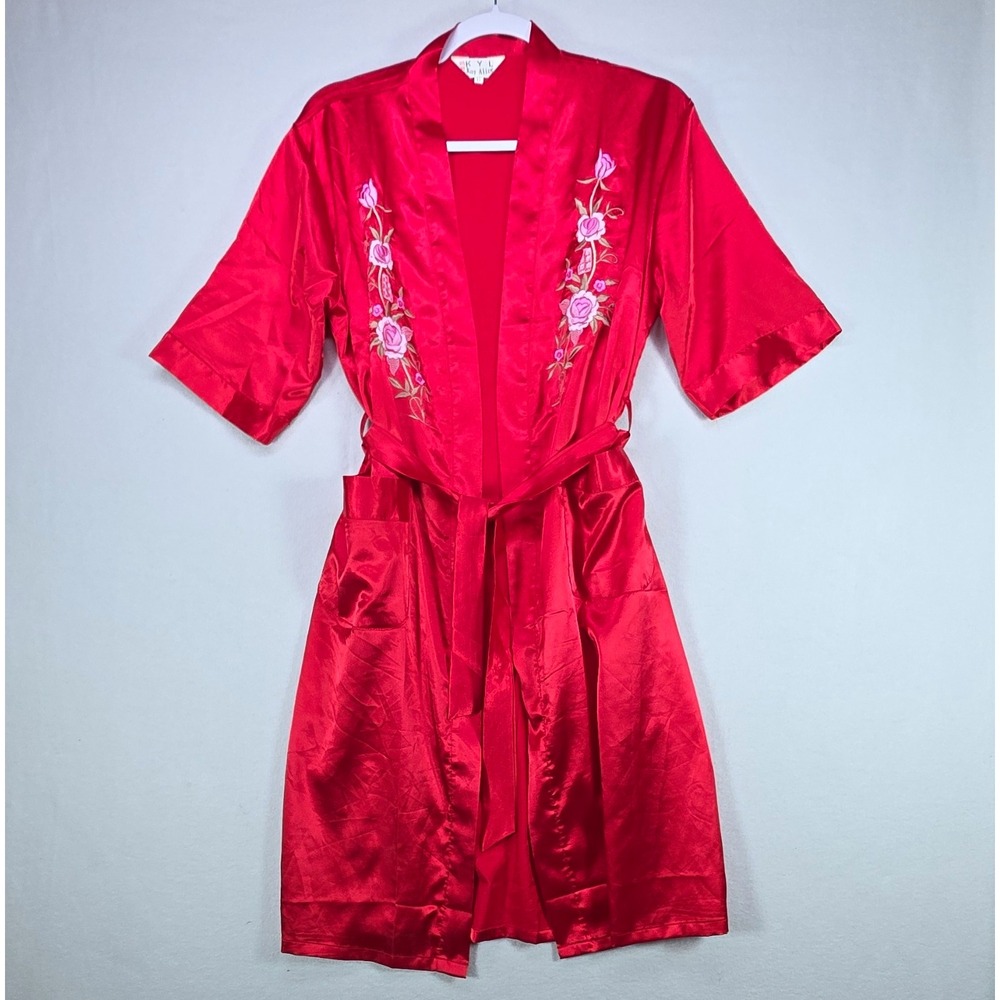 Vintage Kay Alice Red XL Silk Kimono Robe Embroidered Roses Belted w/ pockets